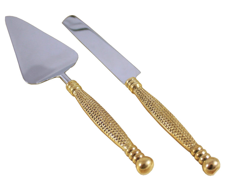 Cake Server, Pie Server, Server Set of Cake Knife and Server, Desert Flatware,String of Beads Design, 2-piece, 18/10 Stainless steel with brass handles (light antique gold finish)… Beads-Gold