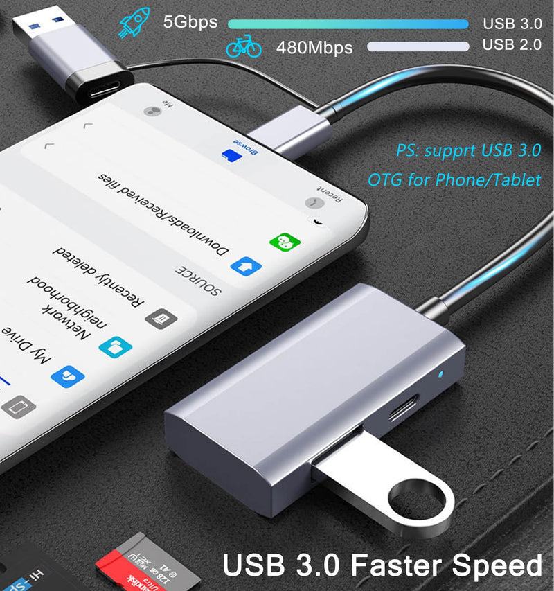 USB C USB 3.0 SD Card Reader, TIEDXIOY Aluminum 4 in 1 USB A&C Hub with Memory SD/TF Card Reader, 1*USB 3.0, 1*USB C Data Port Compatible for PC, Laptops, MacBook Pro/Air, iMac Pro,Surface and More