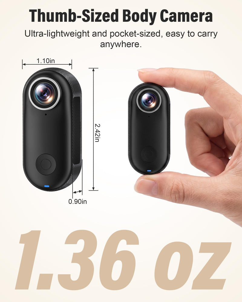 Mini Body Camera 4K, Thumb Action Camera with 123° wide-angle Lens, Wearable Cam with 360° Rotatable Clip, Portable Pov Cam Magnetic Mount for Chest/Vlogging/Bike, Wi-Fi, APP, Waterproof(No SD Card)