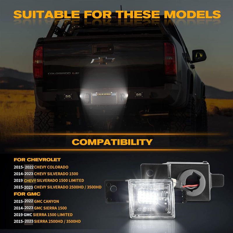 Gempro LED License Plate Light Rear Tag Lamp Assembly for 2014-2023 Chevy Silverado GMC Sierra 1500 2500HD 3500HD, 6000K White 15-23 Silverado