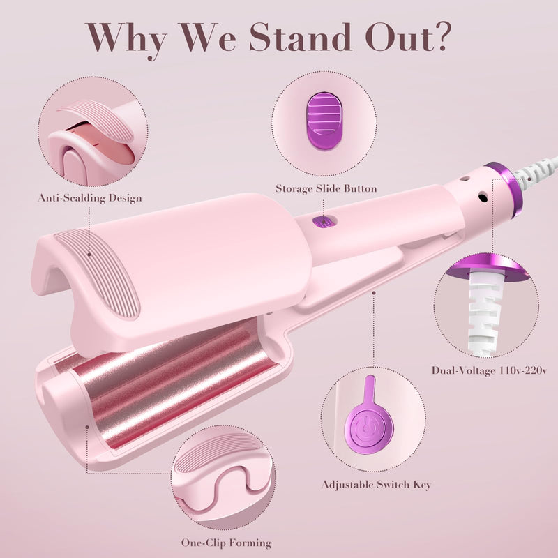 AISEELY 32MM Ceramic Curling Wand - 3 Barrel Beach Wave Hair Curler with Adjustable Temp (160°C-220°C), Anti-Scald Design & Travel Lock | Frizz-Free Waves for All Hair Types | Pink