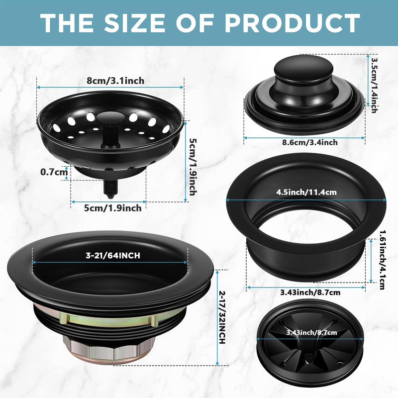 Zonon 5 Pcs 3-1/2 Inch Kitchen Sink Drain Strainer Assembly with Sink Garbage Disposal Flange and Stopper, Splash Guard Stainless Steel Replacement Accessories Kit(Black) Black