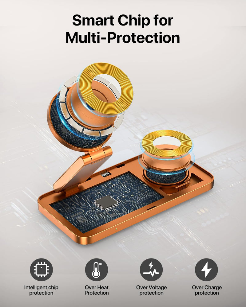 UEQ Foldable 3 in 1 Wireless Charging Station for Apple Mag Safe Charger Stand,Fast Magnetic Wireless Charger Station for iPhone 17 Air 16 15 14 13 12 Series,Airpods Pro,Apple Watch Ultra (Orange) Orange