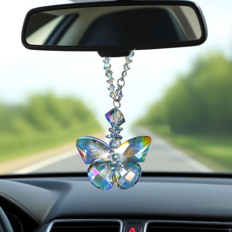 H&D HYALINE & DORA Crystal Glass Butterfly Car Key Charm Mirror Hanging Ornaments Gift (Butterfly-1) Rainbow Butterfly