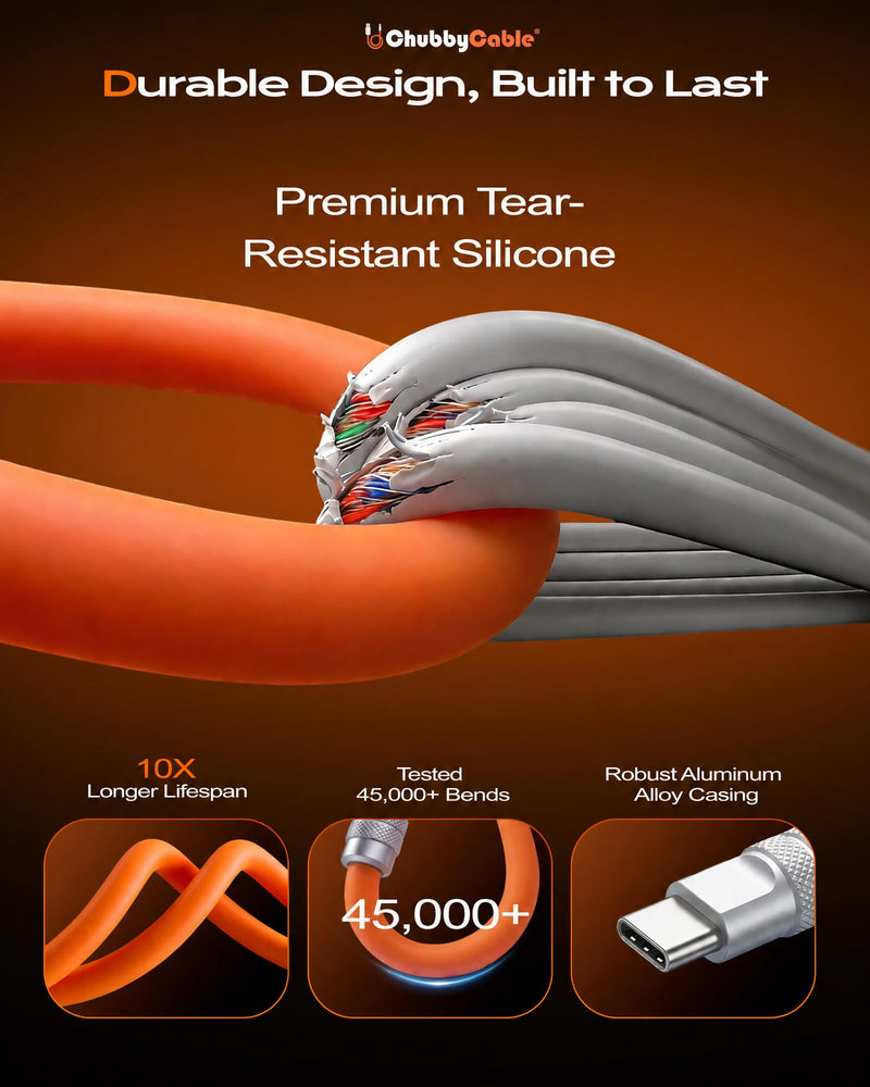 chubbycable Duo-Flex 100W & 60W 2-in-1 Fast Charging & Data Transfer Cable with Soft Silicone USB C Multi Charging Cable for iPhone 17 Series iPad Galaxy Series, Red+Orange