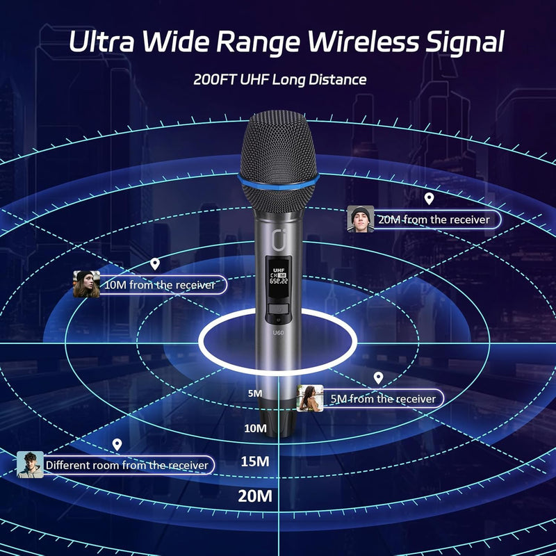 U60 Wireless Microphones, Dual UHF Microphone System with Rechargeable Receiver, Metal Karaoke Microphone for Singing, Wedding, DJ, Party, Speech, Church, Class, 200ft