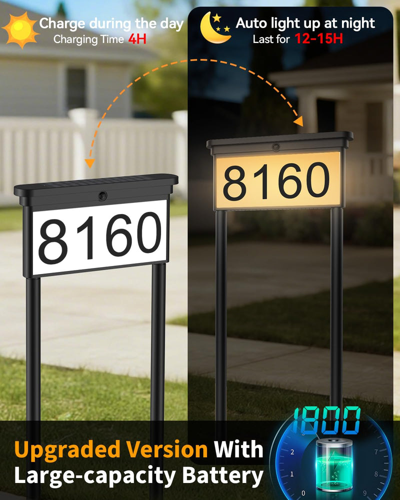 LumiZen New Upgraded Solar Address Sign,Double Sided Glow House Numbers with Auto On/Off, 3-Color Lighting Modes Mailbox Number Plaque Waterproof, Dual Stakes for Home Yard Driveway Black-3M 3 LIGHT MODES