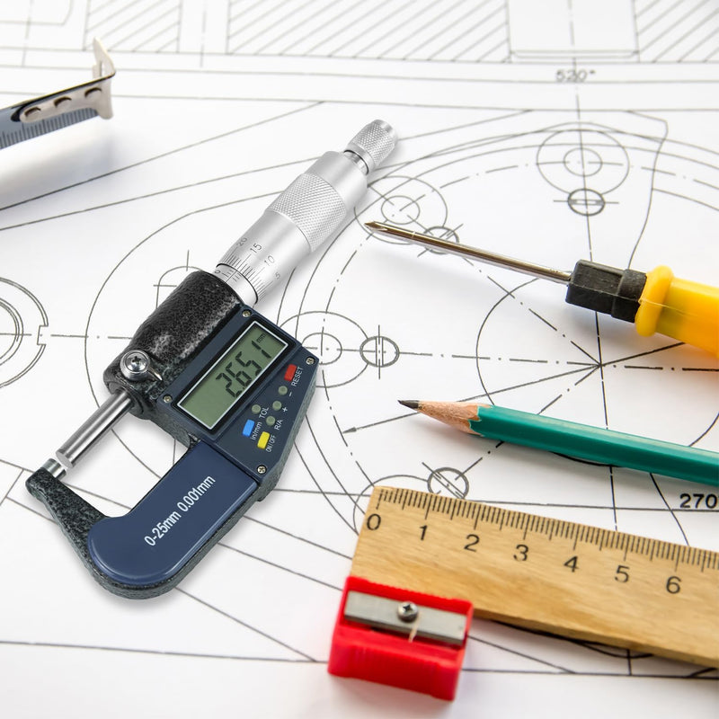 QWORK Digital Outside Micrometer with Carbide Tip, 0-1 Inch / 0-25 mm Measuring Range, High Accuracy ±0.002 mm, LCD Display