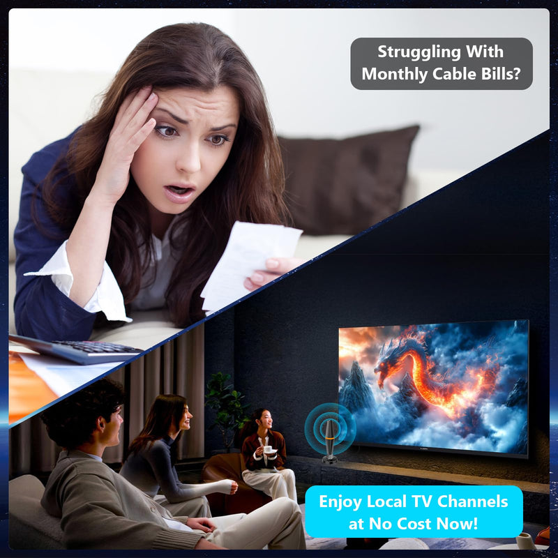 Smart TV Antennas for Local Channels,TV Antenna Indoor for Long Range 360° Reception, Digital Antenna for Easy Installation and All Smart/Old TVs, Supports 4K 1080P HD/VHF/UHF Black