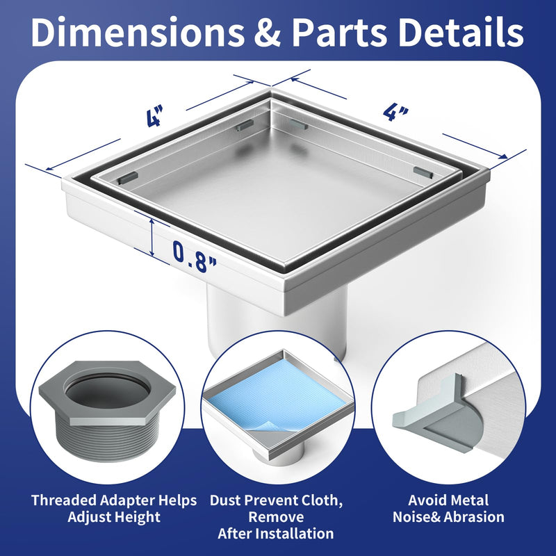 Square Shower Drain 4" with 2" PVC Flange Base, 304 Stainless Steel Tile in Floor Drain w/Tiled Insert Grate & Hair Catcher, CUPC Certified, Brushed (Brushed, 4'') 4''