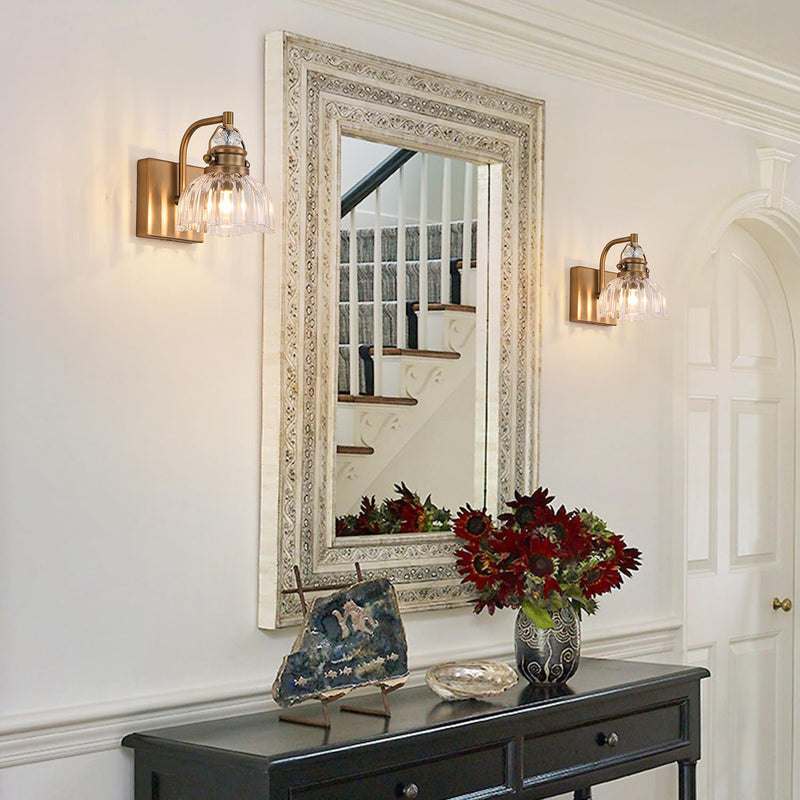 Brass Vanity Light with Clear Glass Shade - Single Bulb Wall Sconce, Bathroom Light, Vintage Bathroom Fixture (L 5.91 in. x W 7.87 in. x H 7.87 in., Bulb not Included) Brass 1-light