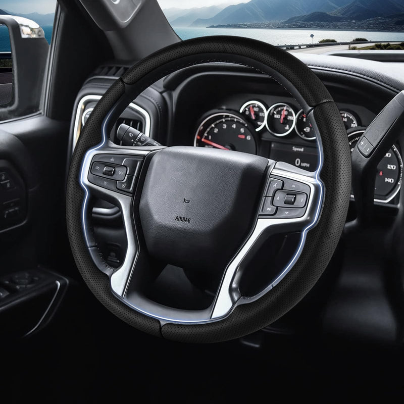 Steering Wheel Cover for Chevy Silverado 1500 2019-Present/ 2500 3500 2020-Present/Blazer 2019-Present (Gasoline Models)/ Suburban Tahoe 2021-2024, Car Steering Wheel Cover Accessories for Chevrolet Black Perforated Leather For Silverado 1500 2019-Now