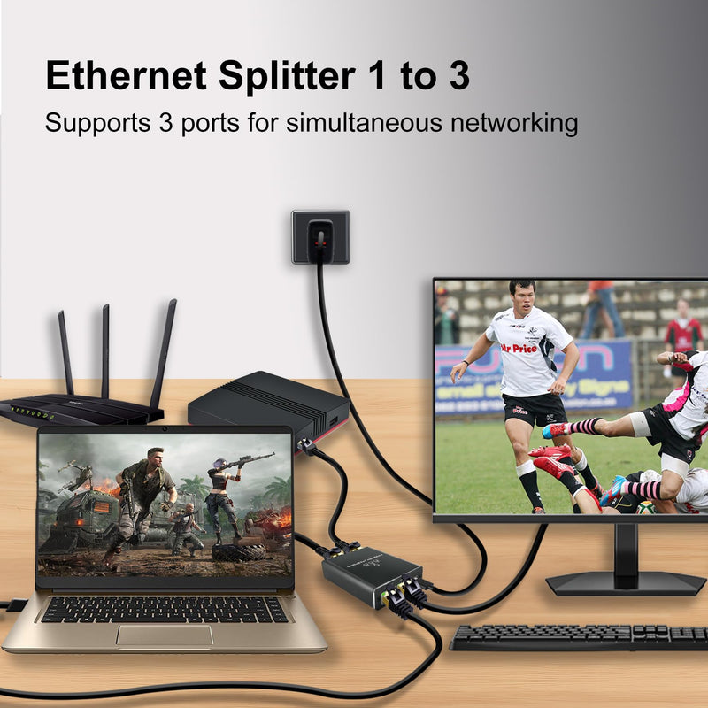 Gigabit Ethernet Splitter 1 to 3 High Speed, 1000Mbps LAN Splitter (3 Devices Simultaneous Networking), RJ45 Splitter Adapter with USB Power Cable, Internet Splitter for Cat5/5e/6/7/8 Cable