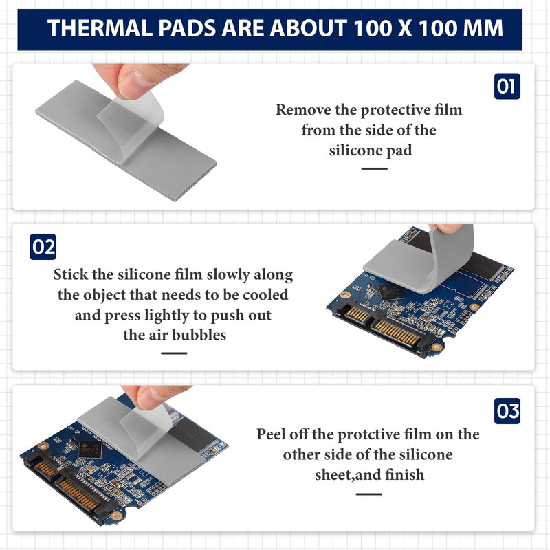 6 Pcs Thermal Pad 100 x 100 mm, 0.5 mm, 1 mm, 1.5 mm, 2 mm, 2.5 mm, 3 mm Heat Resistant Conductive Silicone Pad Thermal Pads Conductivity 6.0 W/M for Laptop Heatsink CPU GPU LED Cooler (Gray) Gray