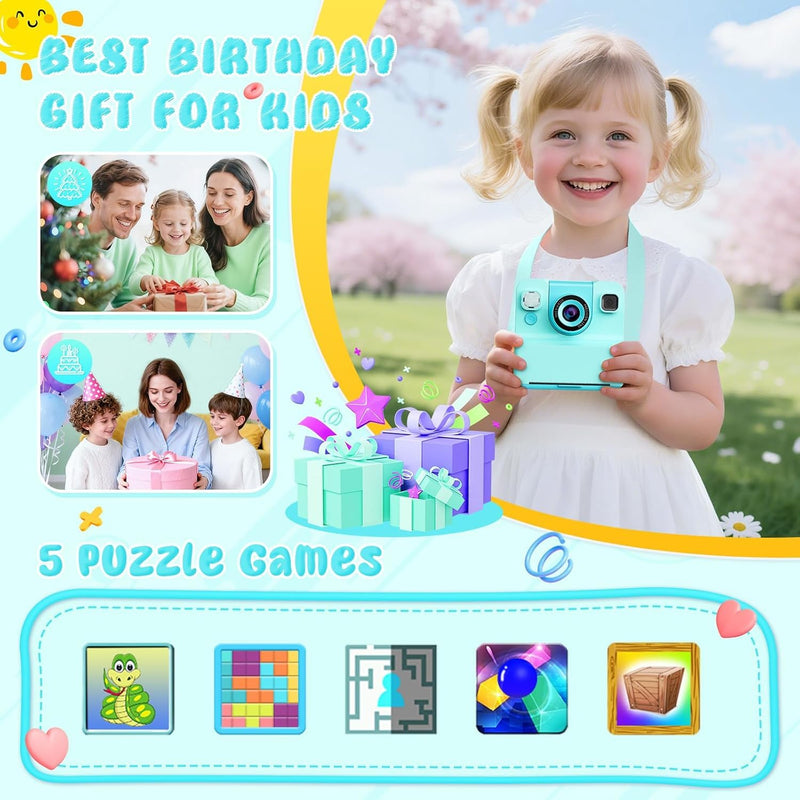 Alotwan Kids Instant Print Camera Video, 32GB Card, 3 Rolls Paper | Flip Lens, 48MP HD Digital Photo, Fun Photo Effects & Frames, Pocket Size Travel, Gift for Boys Girls