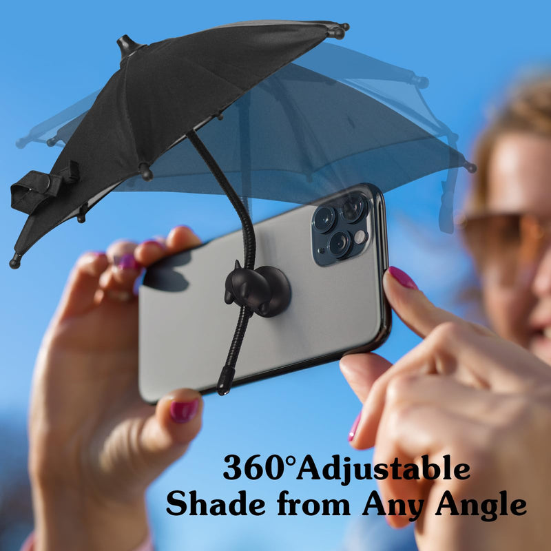 Phone Umbrella for Sun Cell Phone Umbrella with Universal Adjustable Piggy Suction Cup Stand, Outdoor Anti-Reflective Cell Phone Umbrella Sun Shade with Flexible Angle Change for All Phones Black