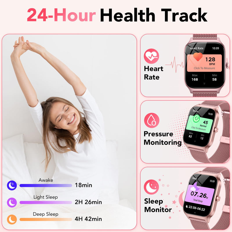 Smart Watch for Women, Answer/Make Call/AI Voice,1.85" HD Smartwatch Compatible for iPhone/Samsung/Android,120+Sport Modes Fitness Tracker with Heart Rate/Sleep Monitor, IP68Waterproof (2 Bands) Rose