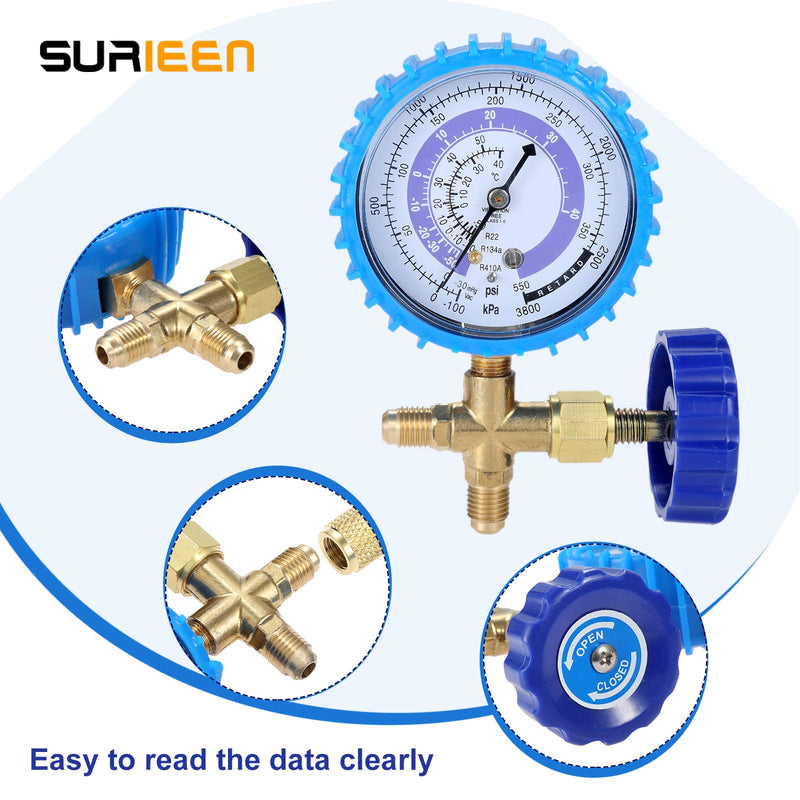 SURIEN R410A Recharge Kit AC Charging Hose, R410A R134A R22 Manifold Gauge Hose Set for Air Condition Refrigeration Charging, with R410a Adapter 1/4" SAE to 1/2" & 5/16'' for Mini Split System