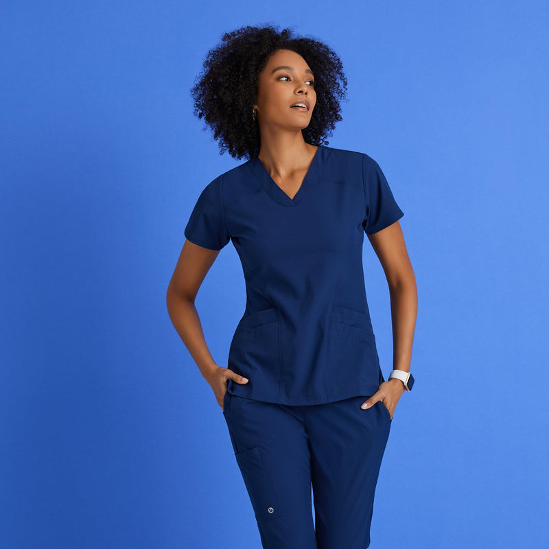 BARCO ONE Women's Pulse Scrub Top, Sporty V-Neck Medical Top w/ 4-Way Stretch & 5 Pockets Large Black