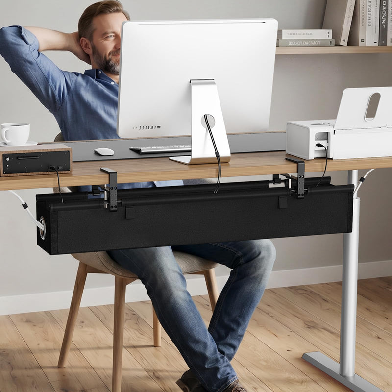 KEEGH Under Desk Cable Management Tray 36", No Drill Cord Organizer, Black | Heavy Duty, Large Capacity, 3-Level Clamp Fit 0"-2.5" Desks, Clamp/Screw Mount, for Home, Office, Gaming, Room, Studio