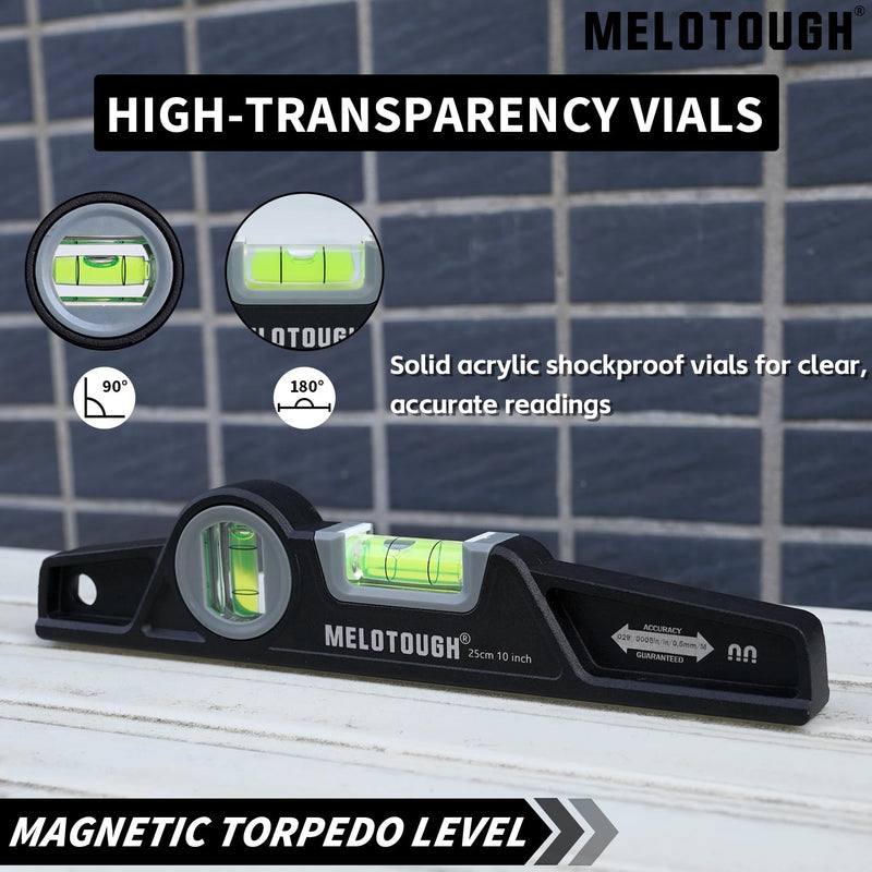 MELOTOUGH 10 Inch Die-Cast Magnetic Torpedo Level,Magnetic Level for Carpenter,Construction,Scaffolding, Plumbing,Torpedo Level with Rare Earth Magnet,Pencil and Holster,Black Black-1PCS