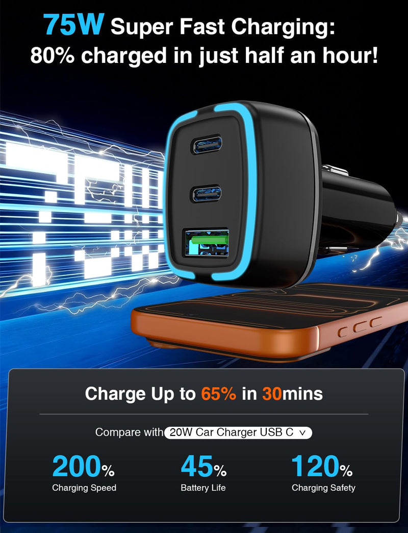75W USB C Car Charger, 3-Port Super Fast Charging Cigarette Lighte | PD/QC 3.0 Car Cigarette Lighter Adapter for iPhone17/16/15 Pro Max & Samsung Galaxy S26/S25, with 4Pack 3/6.6FT Type-C Cables