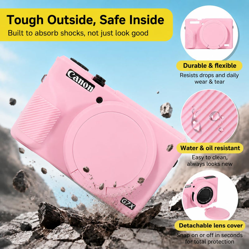 Silicone Camera Case for Canon G7X Mark III with Removable Lens Cover,BraceletWrist Strap,2 Tempered Glass Screen Protectors,Protective Travel,DailyPhotography Camera Accessories (Pink) Pink