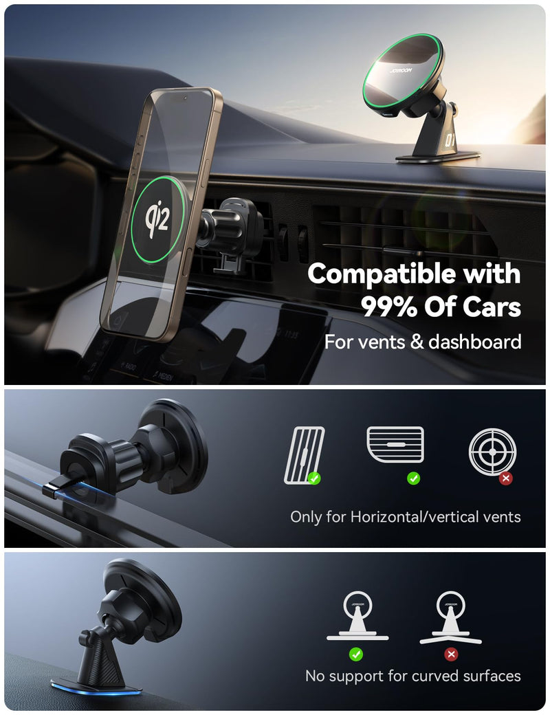 JOYROOM for Qi2 15W MagSafe Car Mount Charger, Qi2-Certified MagSafe Car Charger for Air Vent/Dashboard, Magnetic Wireless Car Holder Fit for iPhone 16 Pro Max Plus 15 14 13 12