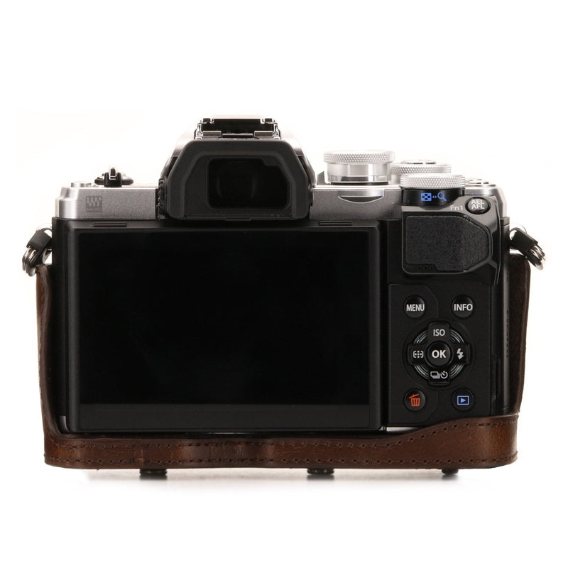 MegaGear Olympus OM-D E-M10 Mark III (14-42mm) Ever Ready Leather Camera Case and Strap, with Battery Access - Dark Brown - MG1346