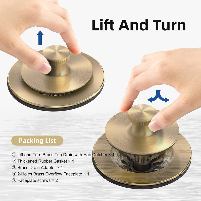 Champagne Brushed Gold Bronze Bathtub Drain, Hair Catcher and 2-Hole Overflow Faceplate, 11.5/16 UNC, Lift and Turn Bathtub Drain Replacement, Tub Drain Stopper Champagne Brushed Gold Bronze
