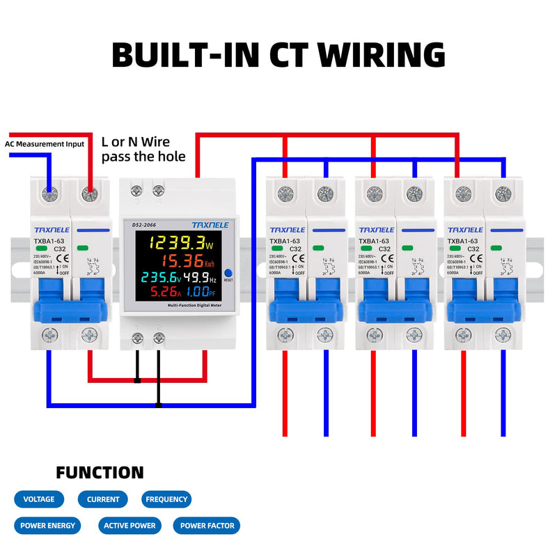 Single Phase Energy Meter Tester Din Rail Electricity Usage Monitor 6 in 1 Multimeter AC 40-300V 100A Voltage Current Voltmeter Ammeter Watt Kwh Frequency Power Meter 110V (Built-in CT)