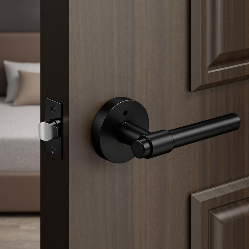 KNOBWELL 1 Pack Black Door Handles for Bedroom Bathroom, Heavy Duty Matte Black Door Knob with Interior Push Button Lock, Unversible Right/Left Handed Levers, Silent Privacy Handle Privacy Lock-1 Pack