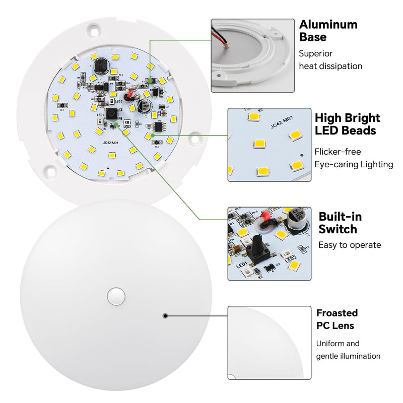 acegoo RV LED Ceiling Dome Light w/Push Switch 4.5” RV Lights Interior 12V Overhead Puck Light for Motorhome Camper Trailer Boat, Dimmable White Light & Blue Nightlight, Surface Mount,4-Pack (3000K 3000K 4-Pack