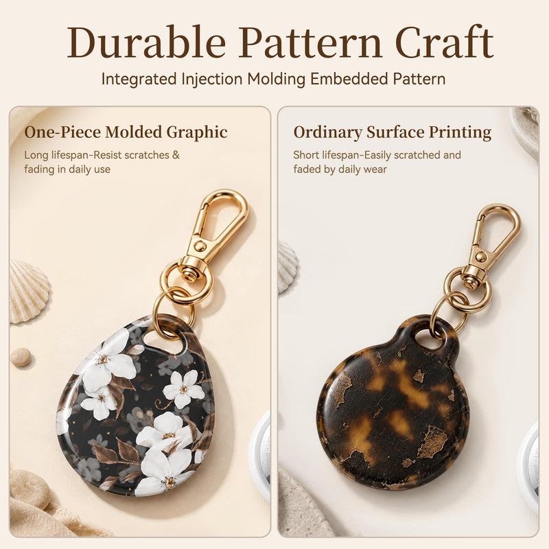 Case for AirTag Holder 2nd & 1st Gen,Black Gold Flower | with Gold Clip Keychain, Clear TPU IMD Embedded Print (Not Surface Print), Women Girls, for Car Keys Dog Luggage Wallet D-Black Gold Flower