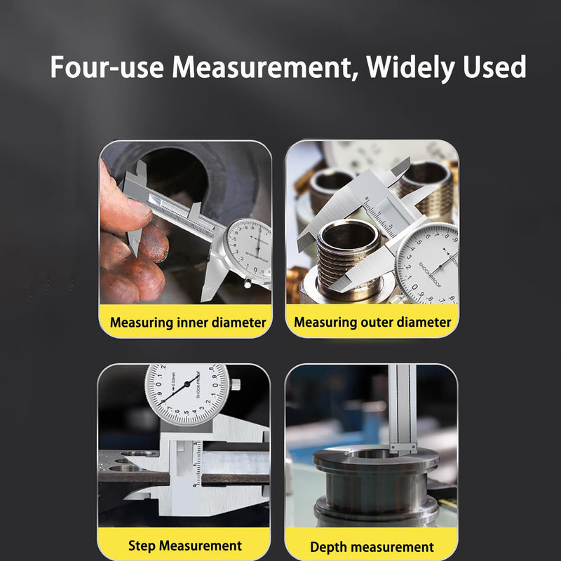  [AUSTRALIA] - 6 Inch Dial Caliper, MFQNENLK 4-Way Measurement Calipers, 0.001 Accuracy Imperial Shockproof Measuring Tool with Plastic Case (Dial Caliper 0-6" Range) Dial Caliper 0-6"