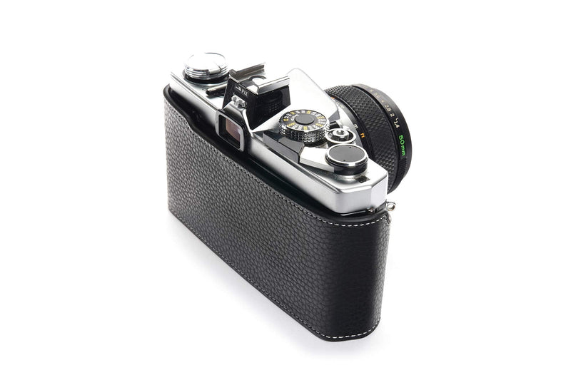 OM-4 Case, BolinUS Handmade Genuine Real Leather Half Camera Case Bag Cover for Olympus OM-1 /1N OM-2/2N OM-3/3Ti OM-4/4Ti (No Handle) Camera with Hand Strap (Black) Black