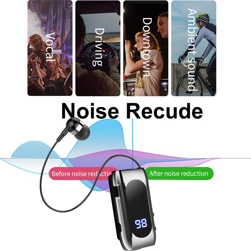 Retractable Wireless Headset Headphone Stereo Earphone V5.0 Noise Cancelling Mic Clip on Earpiece Comfortable HandsFree Headset 20Hrs Talking Time Sports Business Trucker Driver Earbud Iron Black