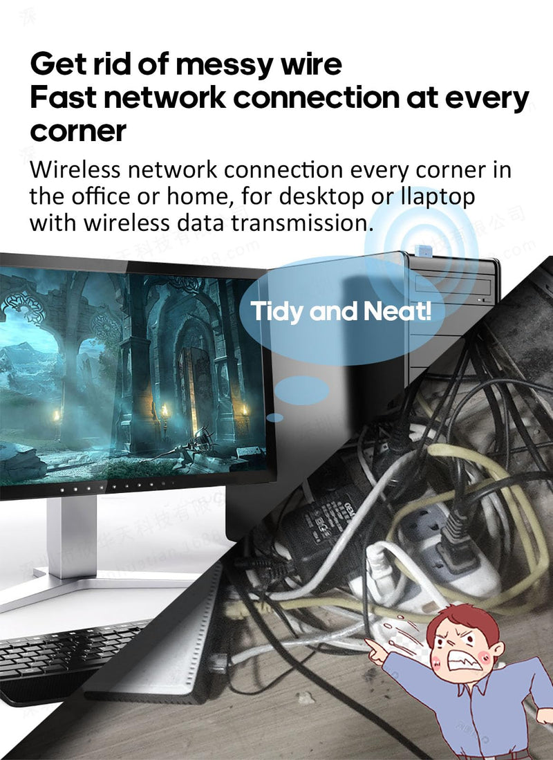Mini USB WiFi Adapter WiFi Dongle for Laptop and Desktop Win XP / 7/8.1/10 / 11，Plug and Use No Drive Required