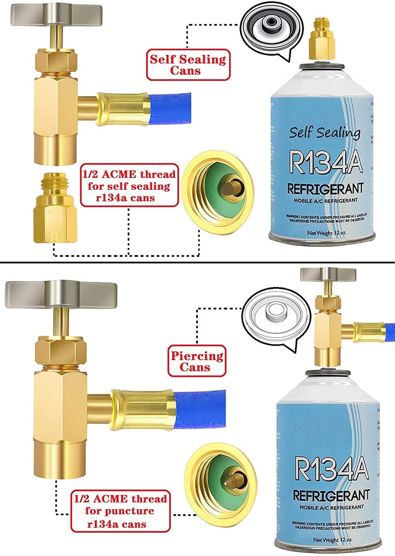 R134A Refrigerator Freon Recharge Hose Kit, R134A AC Refrigerant Charging Hose Gauge, Bullet Piercing Valve Hose Refrigerant Can Tap, R134a Self-Sealing Adapter for Home AC Refrigerant System 4