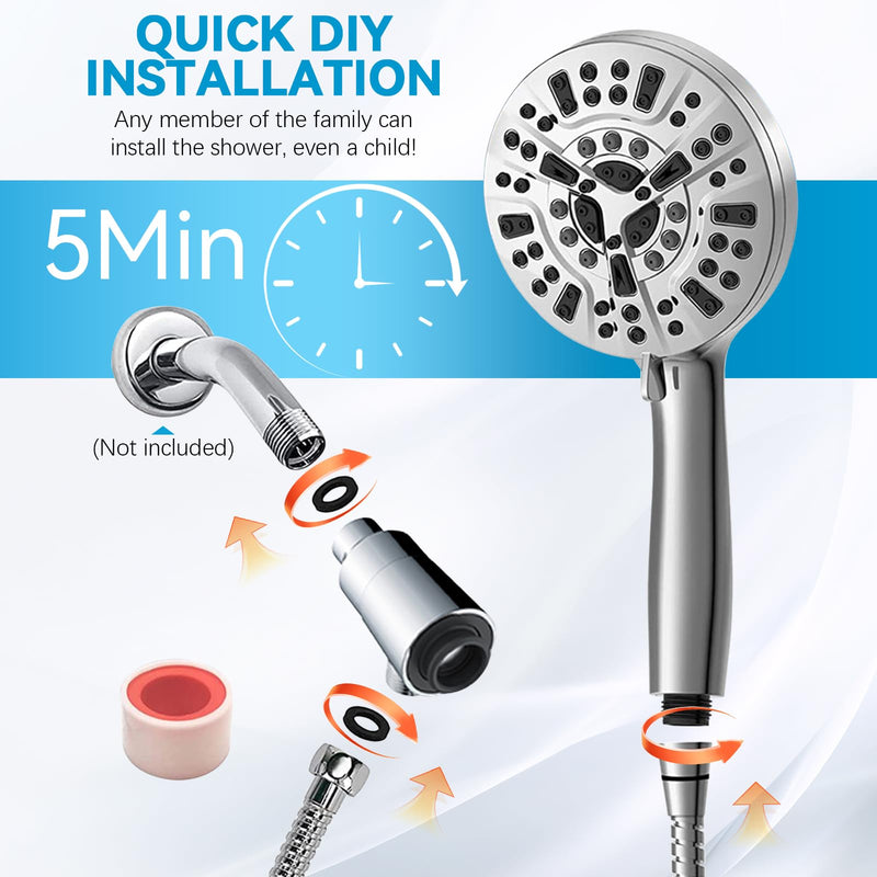 High Pressure Magnetic Shower Head with Handheld - Filtered Shower Heads with Hand Held Spray - 10 Modes Shower Head with 6 ft. Hose - Anti-Clog Nozzles,Bracket Brass Ball Joint, Silver With Magnetic Holder