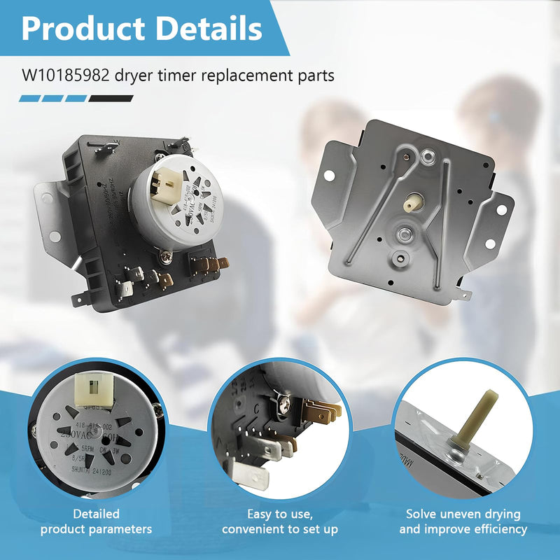 W10185982 WPW10185982 Dryer Timer Compatible with Whirlpool, Maytag, Amana, WED4815EW1, WGD4800XQ0, WED5100VQ1, 230V 60Hz Dryer Timer Replacement for 418-618-20-B5, PS11749831, 5-Year Warranty W10185982