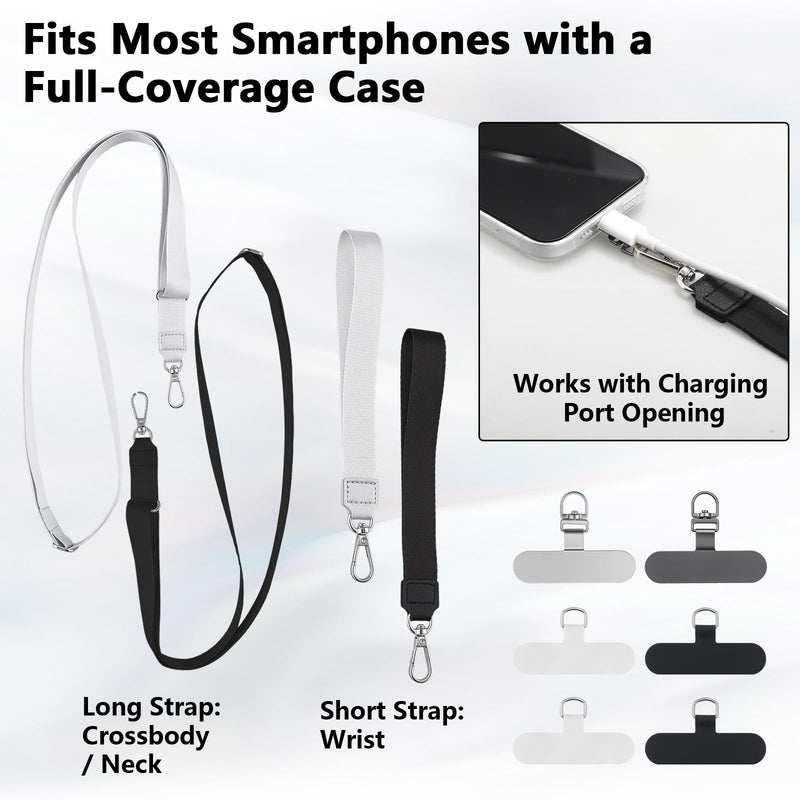 2 Set Phone Lanyard Set with 6 Patches Adjustable Lanyard Wrist Straps | Crossbody, Neck And Wrist Carry; Stainless Steel Tabs; Fits Most Phones With Full-Coverage Case; Charging Port Access