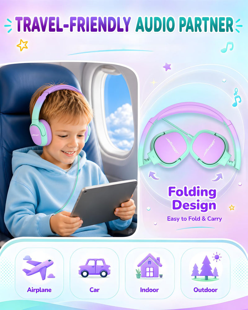 Kids Headphones with Safe Volume Limited for School Travel (GreenPurple) | 3.5mm Wired, Foldable, Stereo Sound On-Ear Headset for iPad Computer Boys Girls GreenPurple