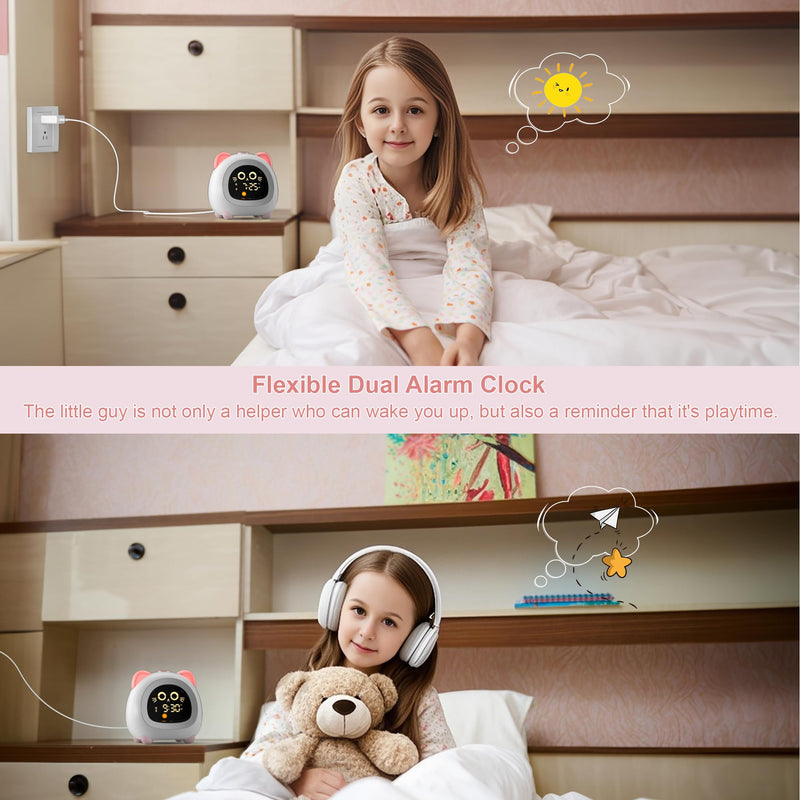 Alarm Clock for Kids, Ok to Wake Clock for Kids with Eye Protection Sleep Training Auto Off Feature 10 Night Light Dual Alarm for Bedroom, Kids Alarm Clock Pink Cat Gifts for Girls Powder Pink