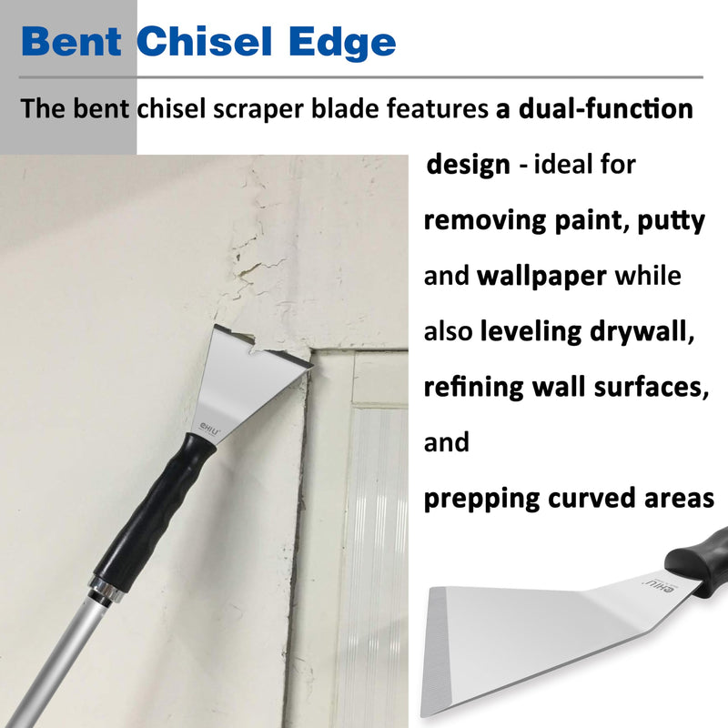 CHILI TOOLS 4 Inch Bent Stainless Steel Chisel Pole Scraper - Heavy Duty Wall Scraper, Paint Wallpaper Putty Adhesive Removal, Popcorn Ceiling Drywall Repair, Fits CHILI Extension Pole, Made In Taiwan 4" Bent