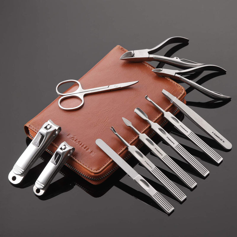 FAMILIFE Manicure Set, Professional Manicure Kit Nail Clippers Set 11 in 1 Stainless Steel Pedicure Tools Nail Kit Men Grooming Tool with Portable Brown Leather Travel Case Luxury Gifts for Him