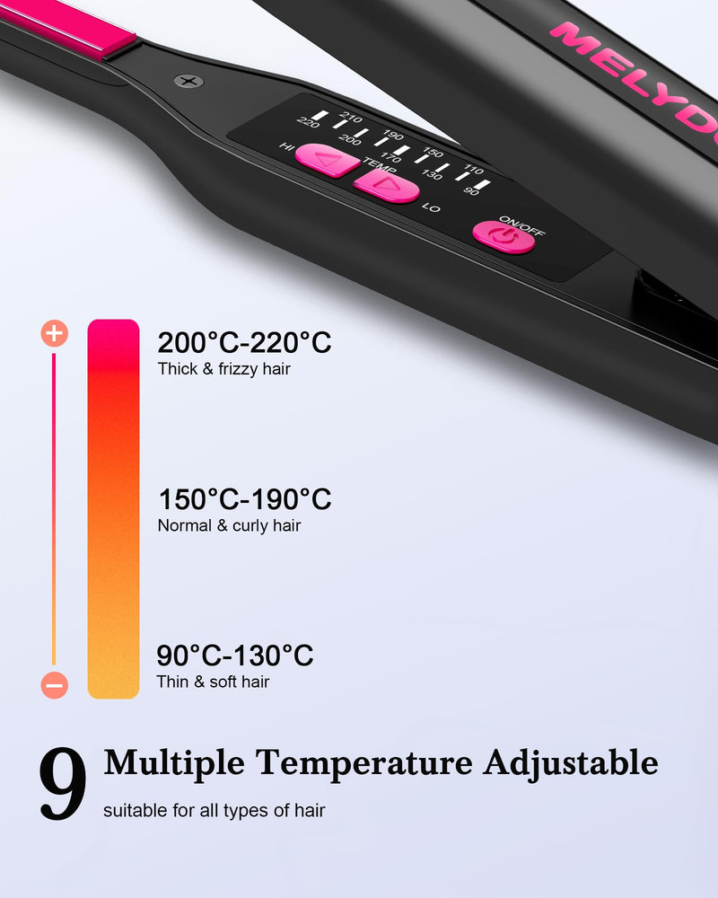 Pencil Straighteners Mini Hair Straighteners and Curl 2 in 1, Thin Hair Straighteners for Woman Pixies, Bangs, Ceramic Coating with Adjustable Temperature, 9 Settings 90-220°C, Fast Heat up Pink
