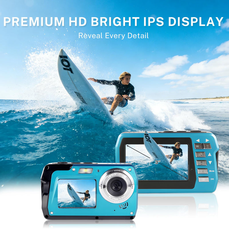 Underwater Camera 4K 48MP, Dual-Screen Waterproof Digital Camera, 10.83FT Dive for Swimming Travel, 16X Zoom Fill Light, 32GB Card, Blue