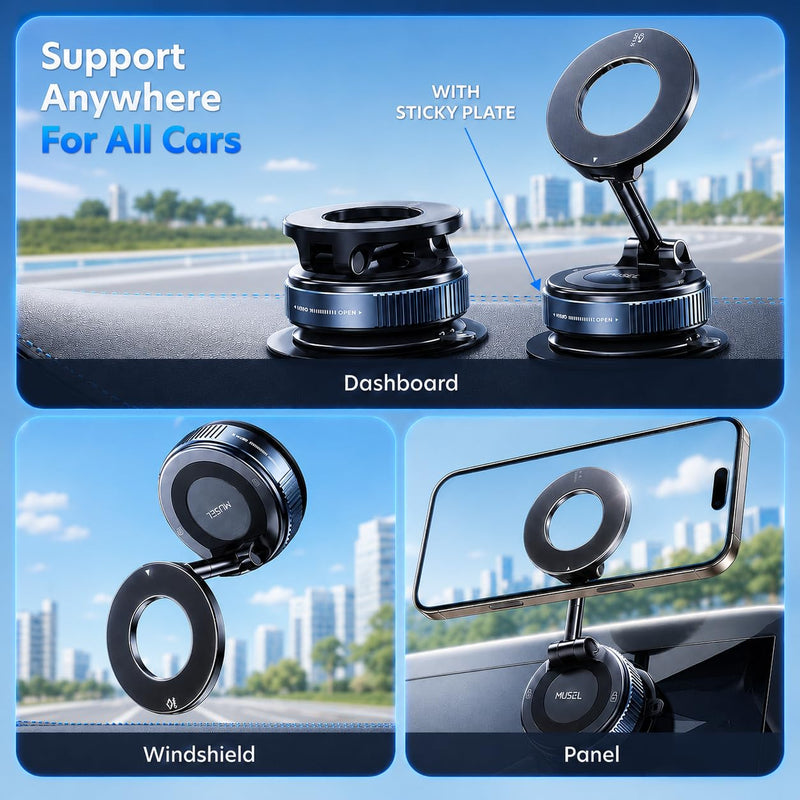 MUSEL Magnetic Car Phone Holder for MagSafe, Vacuum Mount for iPhone 17-12 | 88 lb suction hold, 2600 gf magnetic force, 22 N55 magnets, 360 degree rotation, bottom plate and ring included, dash mount