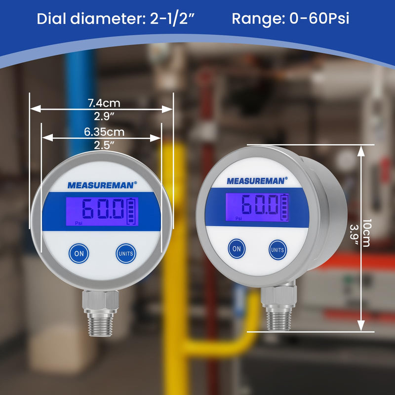 MEASUREMAN Economy Digital Pressure Gauge 2.5" Blue Backlit LCD, 0-60 PSI All Stainless Steel Case 1/4" NPT Connection 1% Accuracy 0-60psi